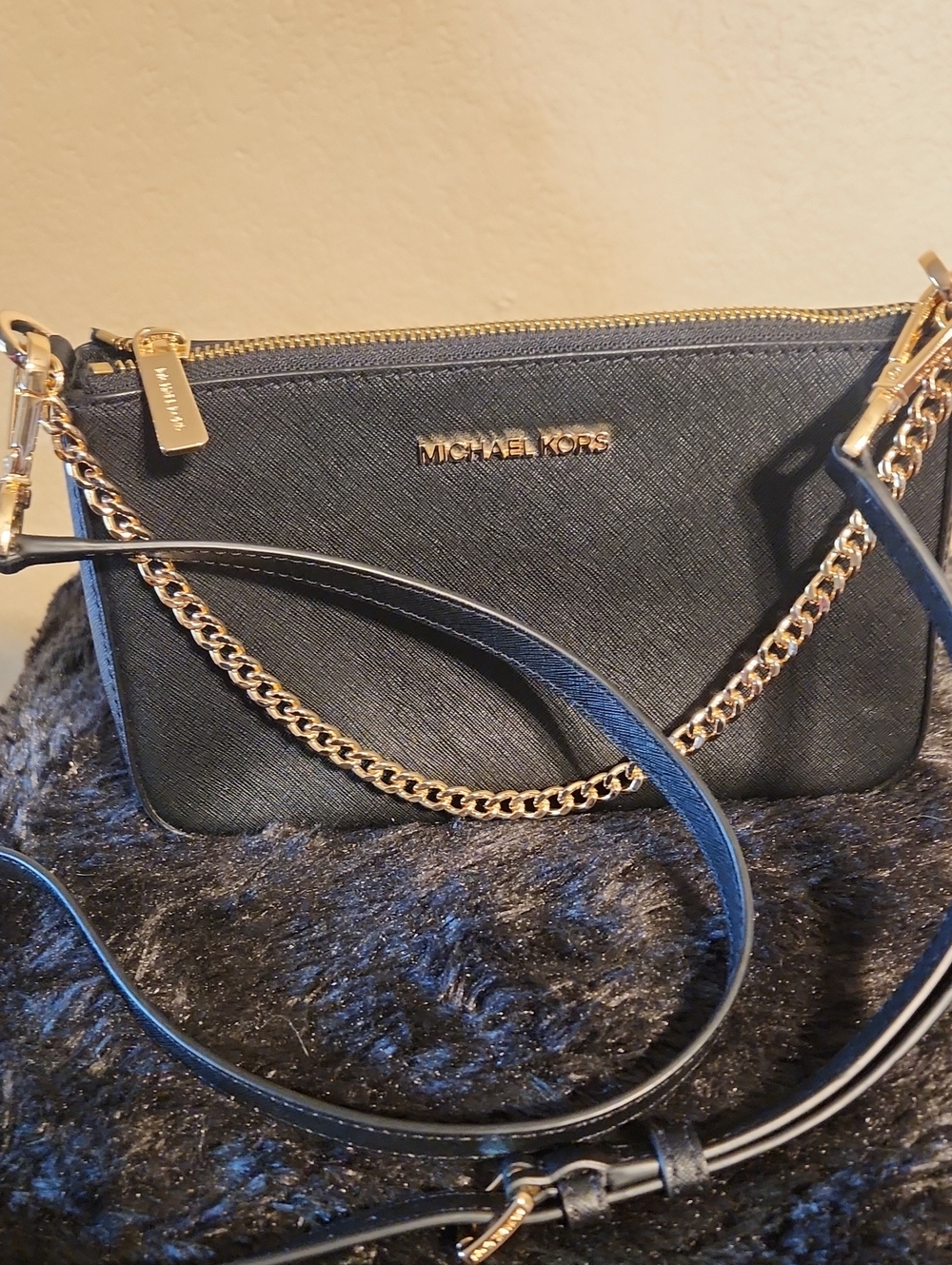 Michael Kors Black Leather Crossbody with Gold Chain Strap